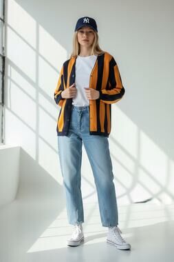 Vintage MEXX Europe 90s Navy Mustard Striped Cotton Cardigan S